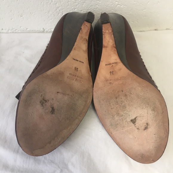 MIU MIU • Leather Peep Toe Wedges - Picture 9 of 16